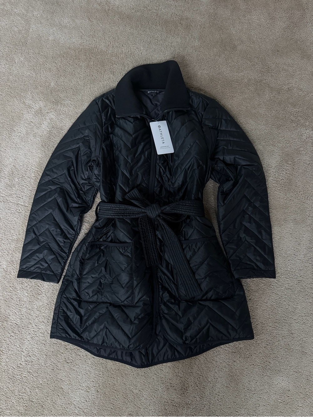 Athleta Black Quilted Belted Puffer Coat
